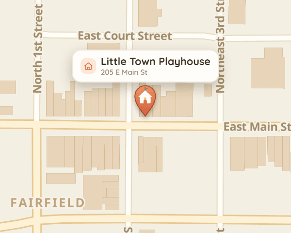 Map of 205 East Main Street, Fairfield, IL — Little Town Playhouse, next door to Fusion Coffee.