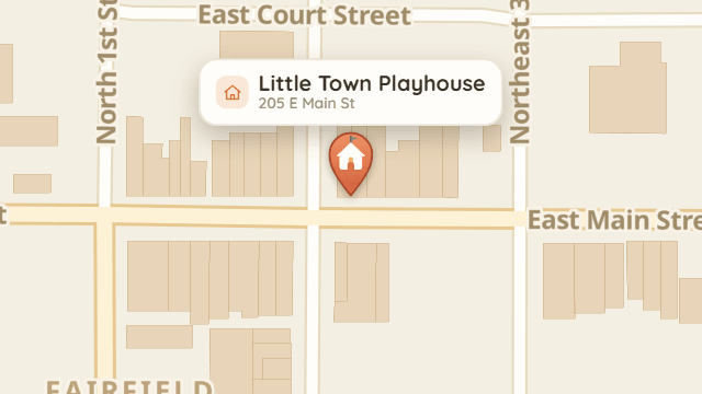 Map of 205 East Main Street, Fairfield, IL — Little Town Playhouse, next door to Fusion Coffee.