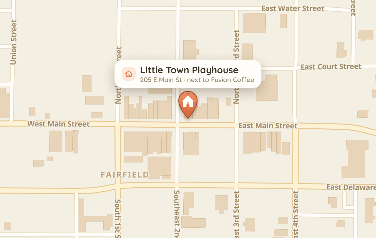 Map of 205 East Main Street, Fairfield, IL — Little Town Playhouse, next door to Fusion Coffee.